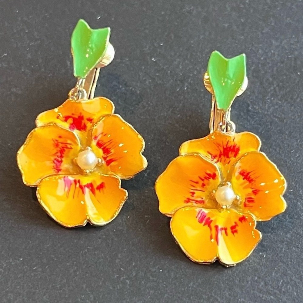 Vintage Floral Bold Statement Earrings Enamel Flower - Picture 2 of 11